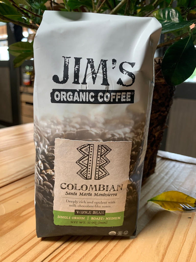 Coffee, Jim's Organics, Columbian Coffee, whole bean, 12 oz